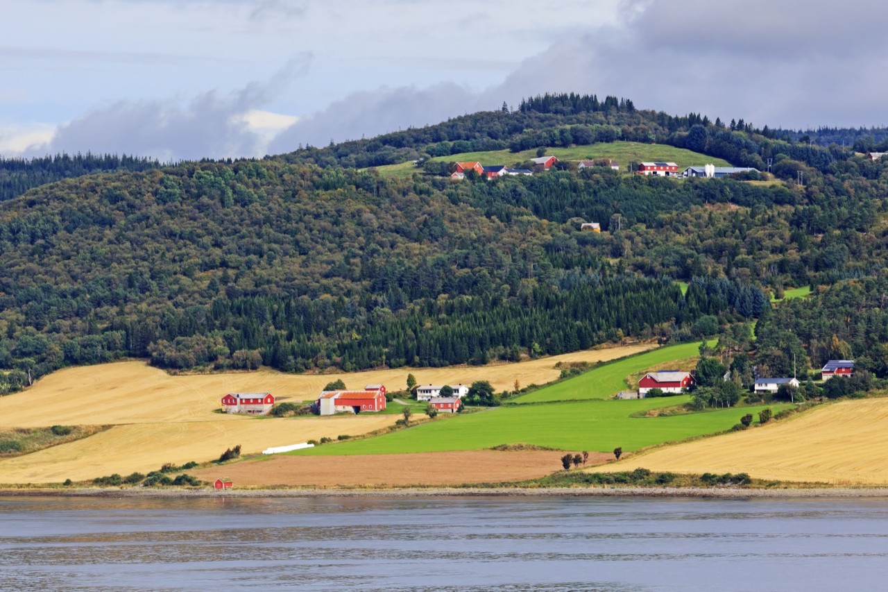 View from the water onto a hilly landscape with fields, solitary groups of houses and forests.  