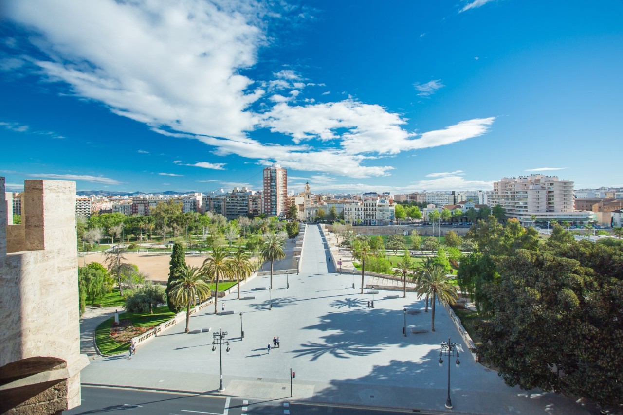 The picture shows a wide, open city view with a large square in the foreground lined with palm trees and lanterns. The square leads to a park area with green trees and lawns.