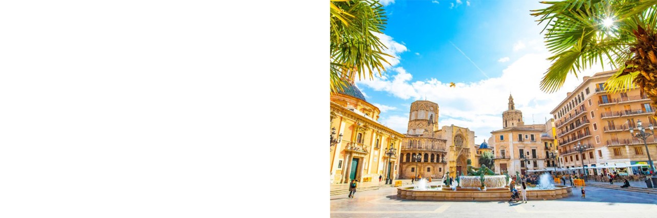 The picture shows the blue sky over a sunny square with palm trees and historic buildings.