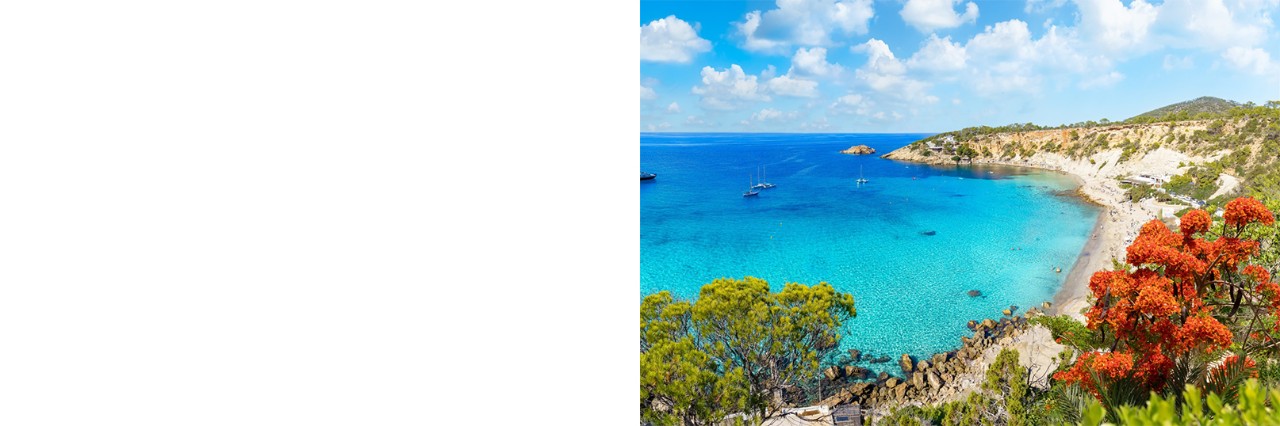 The image shows a bay with clear, turquoise water surrounded by green vegetation and steep cliffs. Several boats are at anchor. In the background, rocky islands can be seen in the sea. To the right, a sandy beach stretches out, while red flowers can be seen in the foreground. 