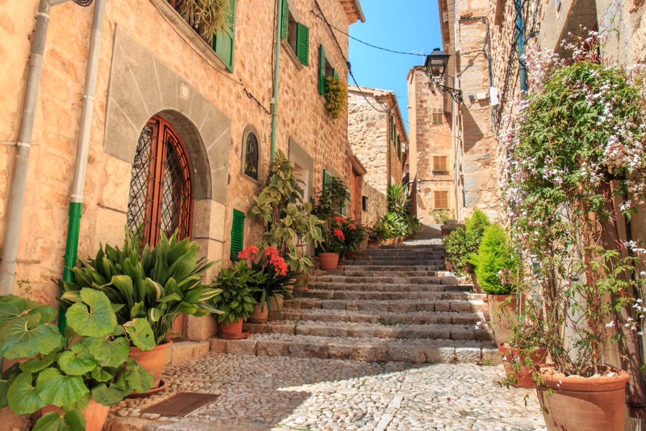 Cobblestone alleyway with ochre-coloured quarry stone houses on both sides, plants in terracotta pots in front of them in the warm sunlight 