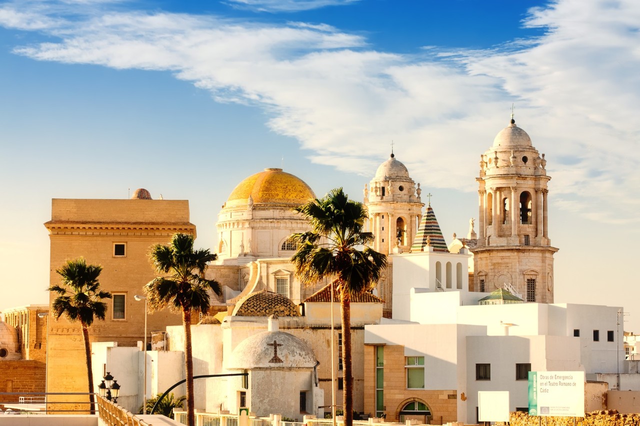 The picture shows a large cathedral with a golden dome and two white bell towers. There are palm trees and white and beige buildings in the foreground. 