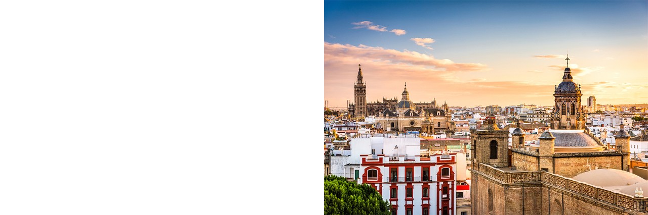 Panoramic view of Seville at sunset. The imposing cathedral and La Giralda bell tower take centre stage. The surrounding area is characterised by white houses and historic buildings.