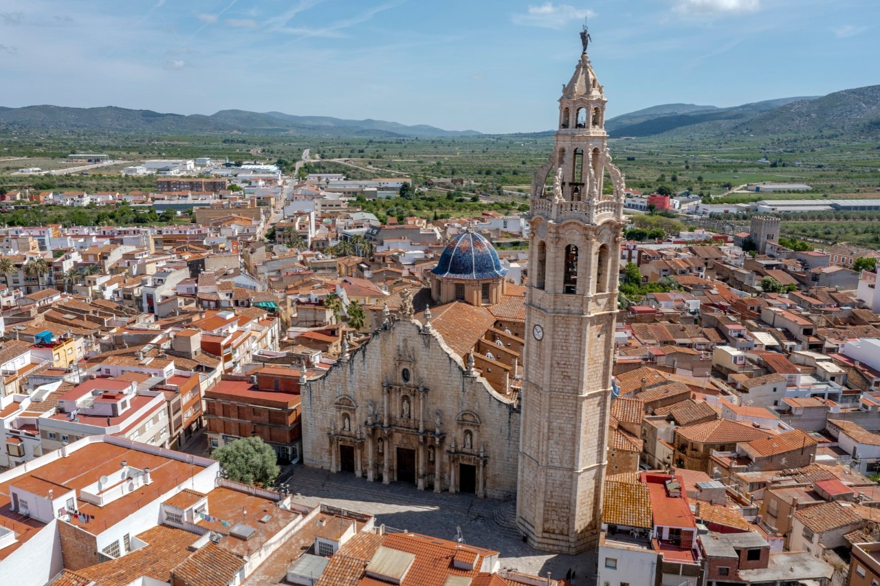 A town with red roofs and an impressive church building with a blue dome and high tower 