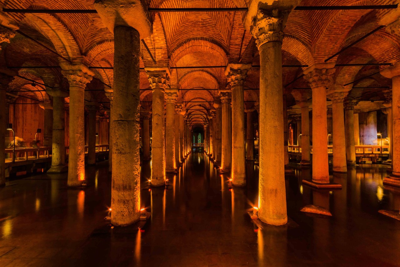 Basilica Cistern with illuminated columns in the underground chamber.