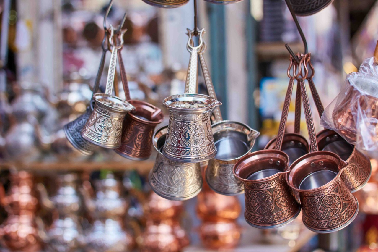 Traditional copper coffee pots for mocha in various sizes.