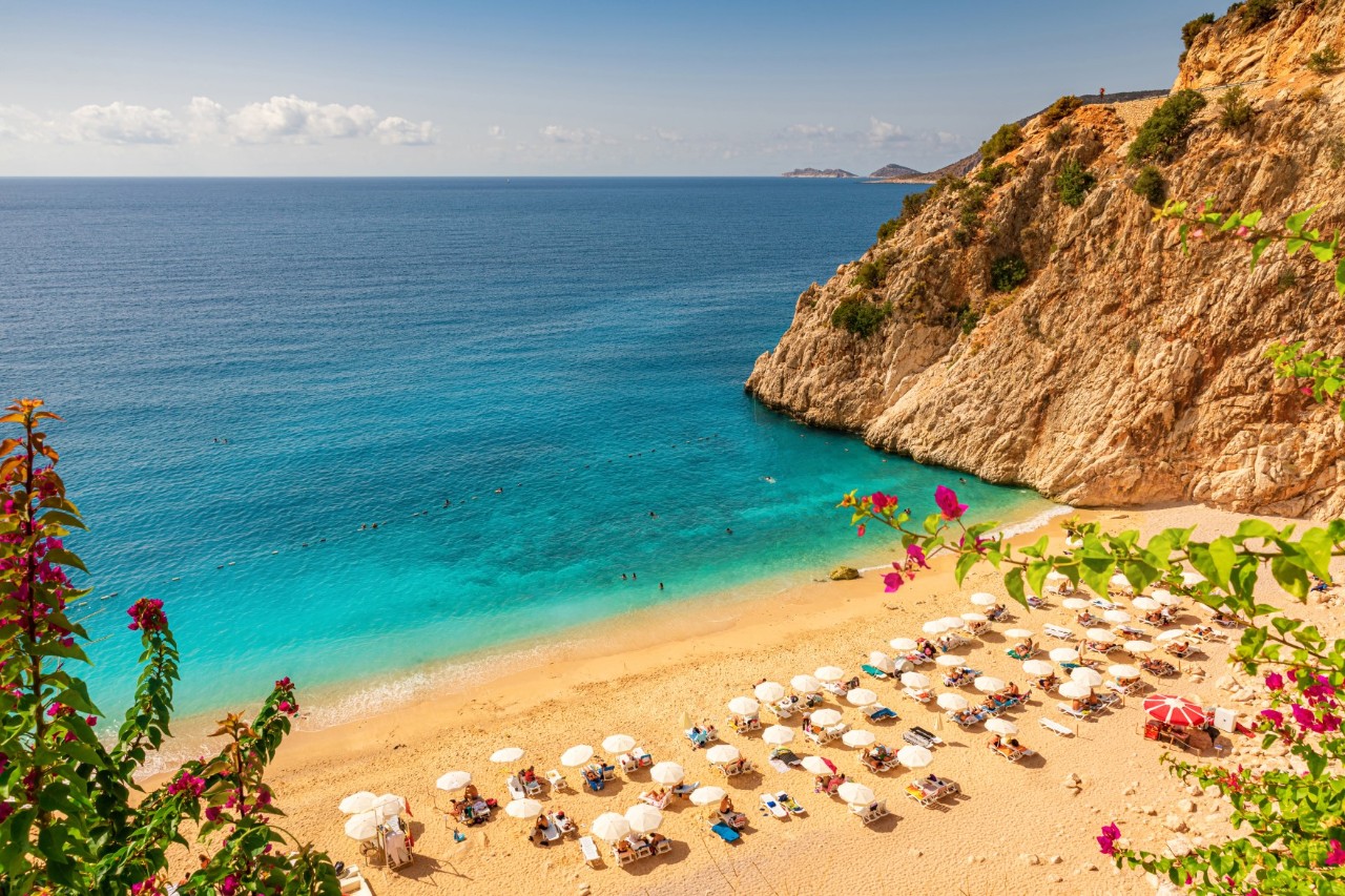 The picture shows a sandy beach with white sun loungers and sunshades. The turquoise sea extends to the horizon, while on the right side of the picture, a rocky cliff drops into the water. In the foreground, flowering plants can be seen.