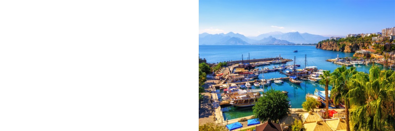 Harbour with sailing and fishing boats, surrounded by palm trees and green trees. In the background, the blue sea extends to the mountains. Residential buildings can be seen on the right. 