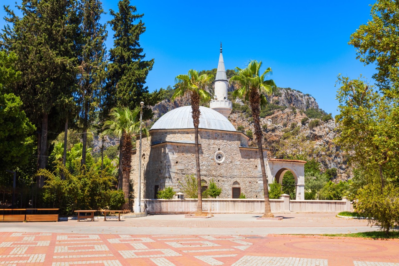 A mosque with a dome and minaret, surrounded by palm trees and other trees against a rocky mountain backdrop.