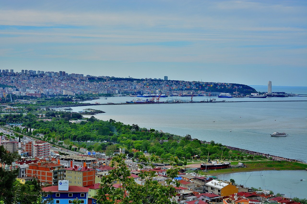 Panoramic view of a coastal town. Residential buildings and a green park can be seen in the foreground. In the background, a harbor and a densely built-up town stretch out on the hillside. 
