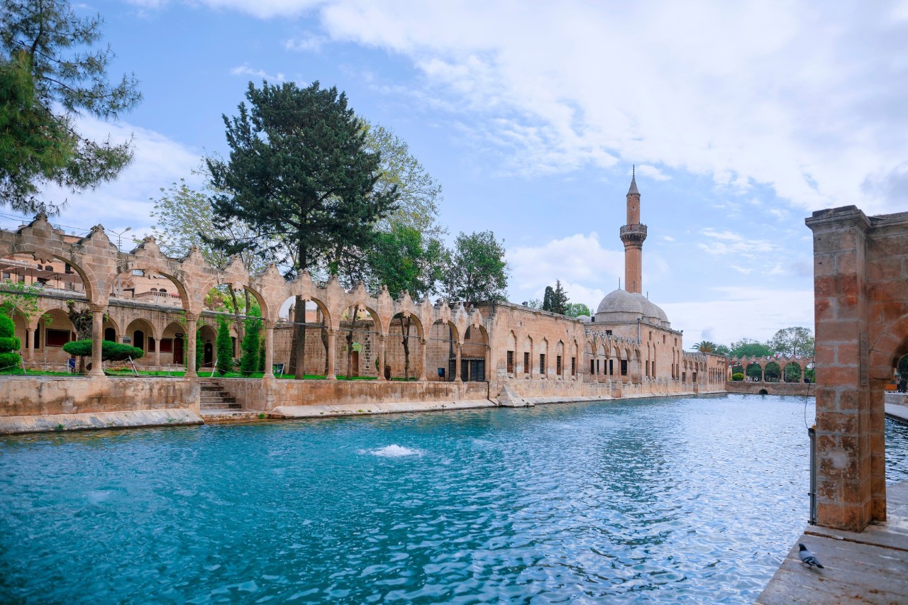 Old stone arcades and a mosque with a minaret by a clear water basin, surrounded by trees and blue sky. 