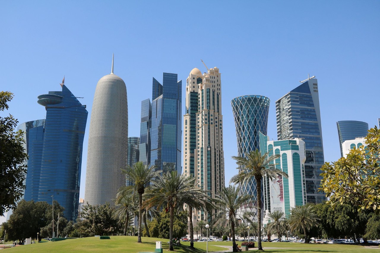 Qatar skyline with modern skyscrapers in daylight.