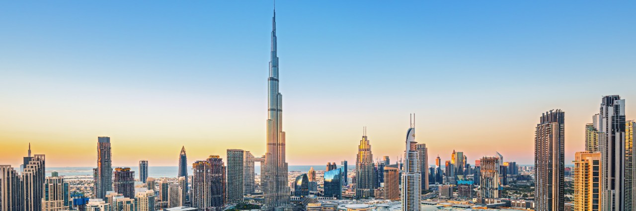 Dubai skyline with many skyscrapers
