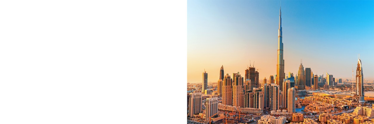Dubai skyline with many skyscrapers