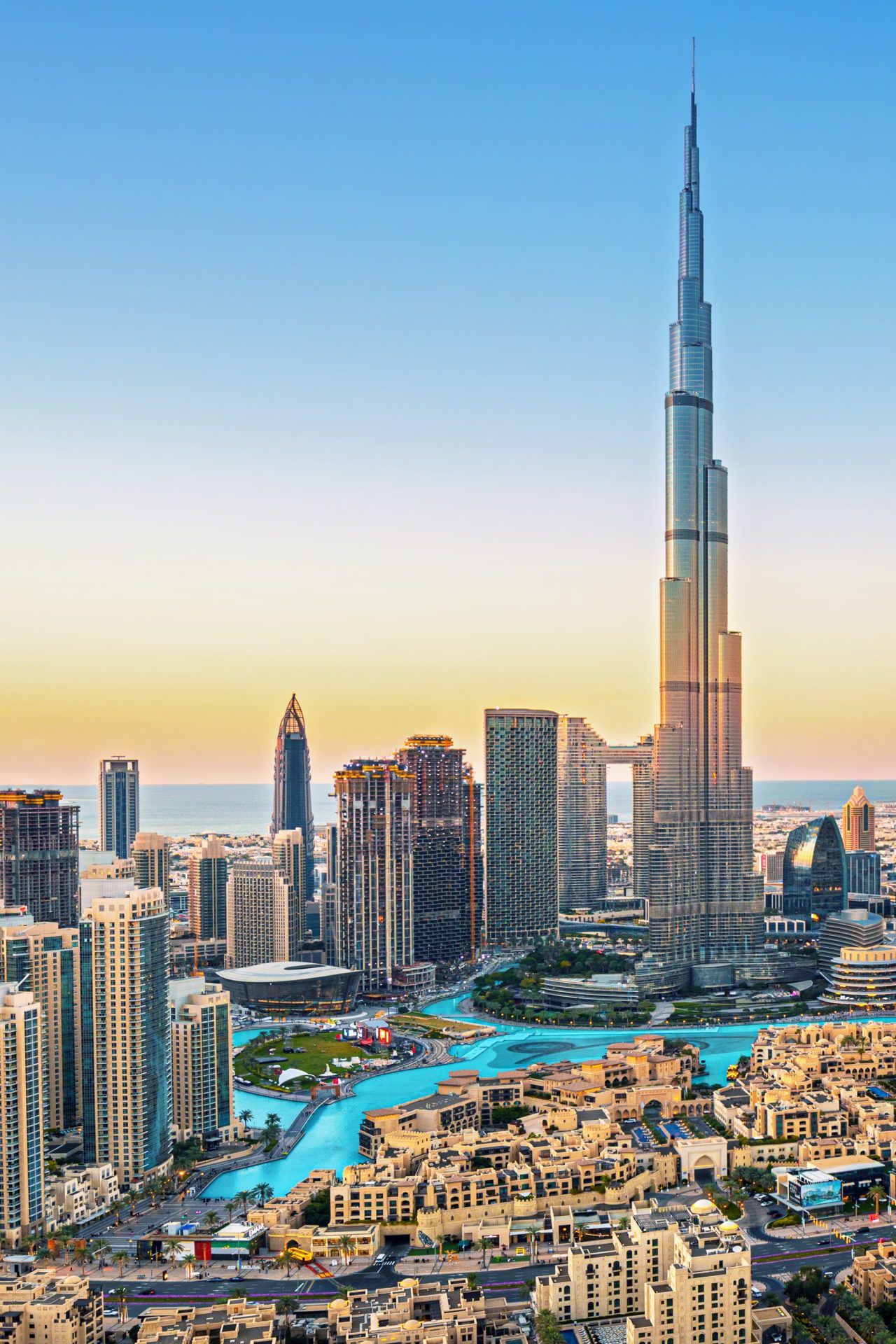 Dubai skyline with many skyscrapers