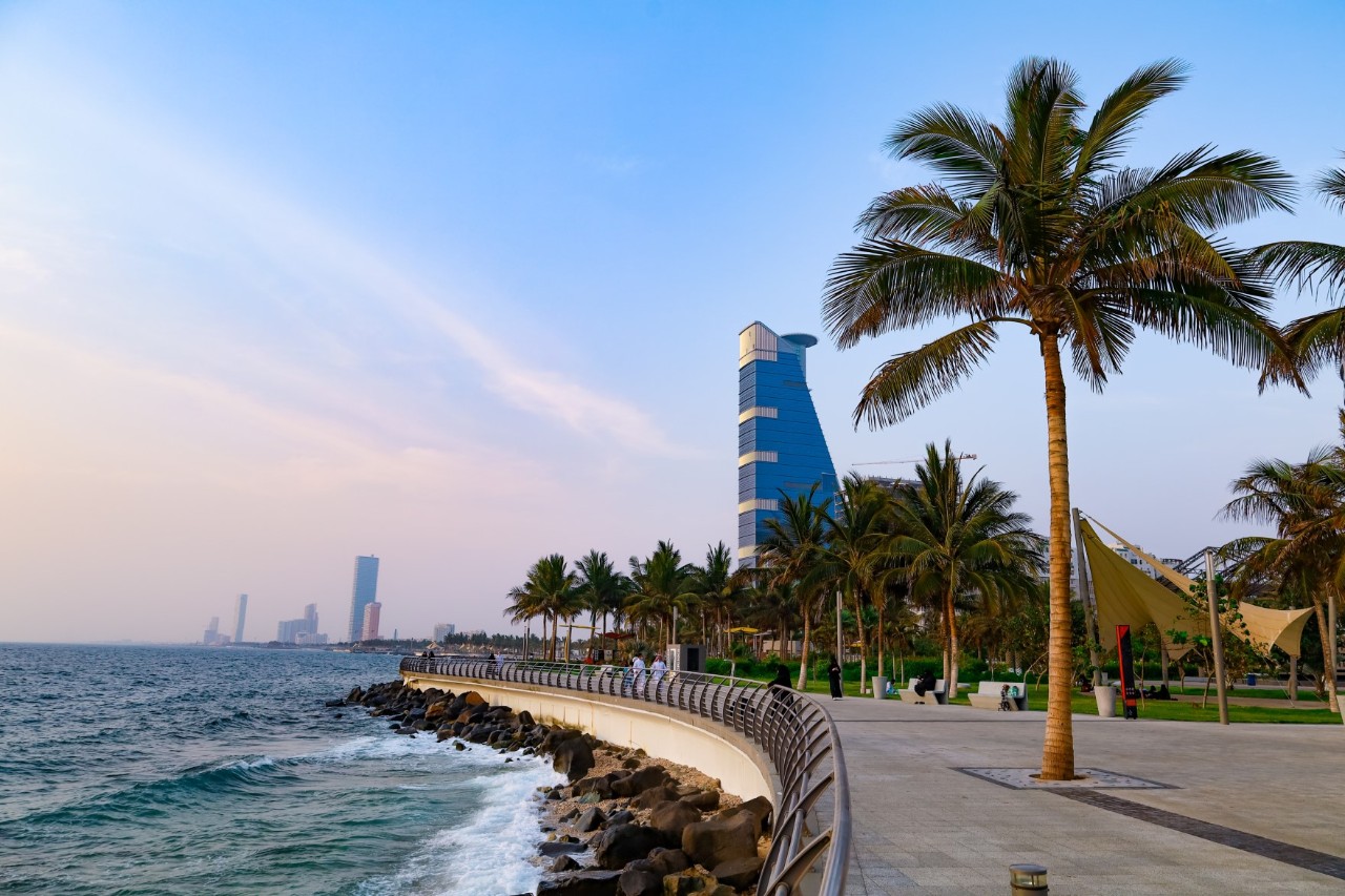Wide waterside promenade lined with palm trees, on the left the sea and waves breaking on stones, on the right a park with benches, in the background a towering building. 