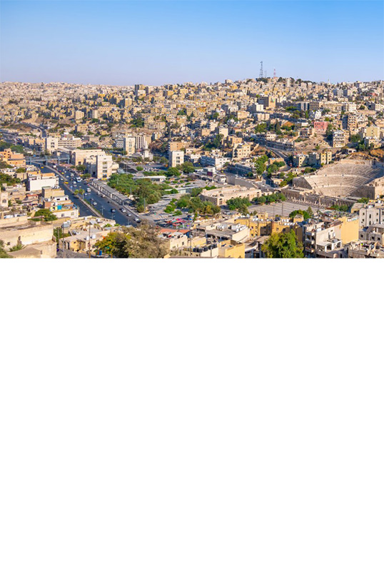 Aerial view of a city with many densely built houses on hills and in valleys.