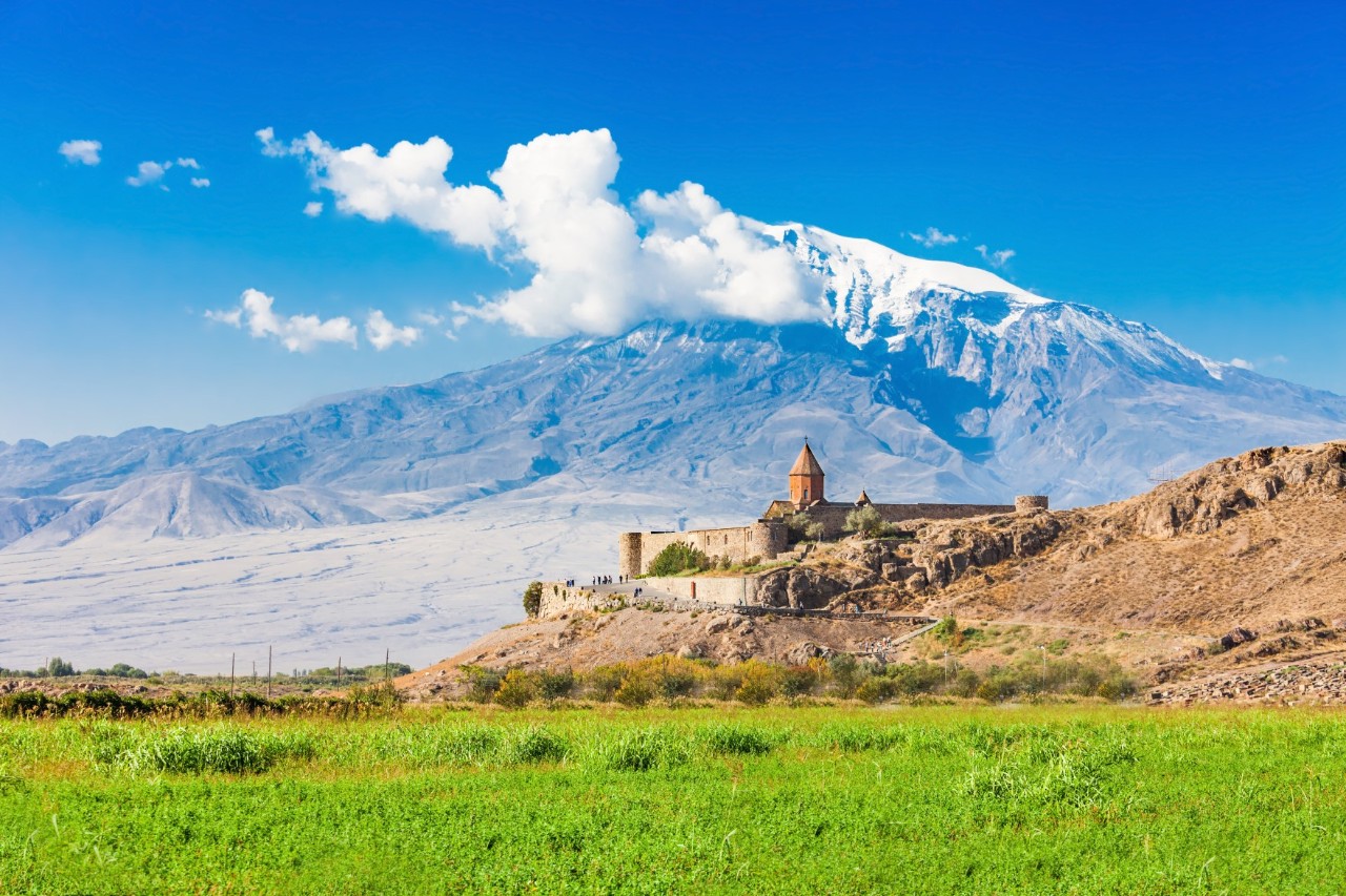 View of a monastery complex standing on a hill in front of a large, snow-covered mountain. There is a lush green meadow in the foreground.