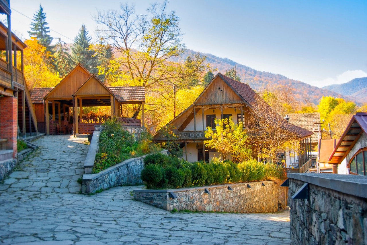 View of several wooden buildings with pointed roofs on a cobbled street surrounded by small walls with shrubs. A mountainous landscape with golden yellow coloured deciduous trees can be seen in the background.