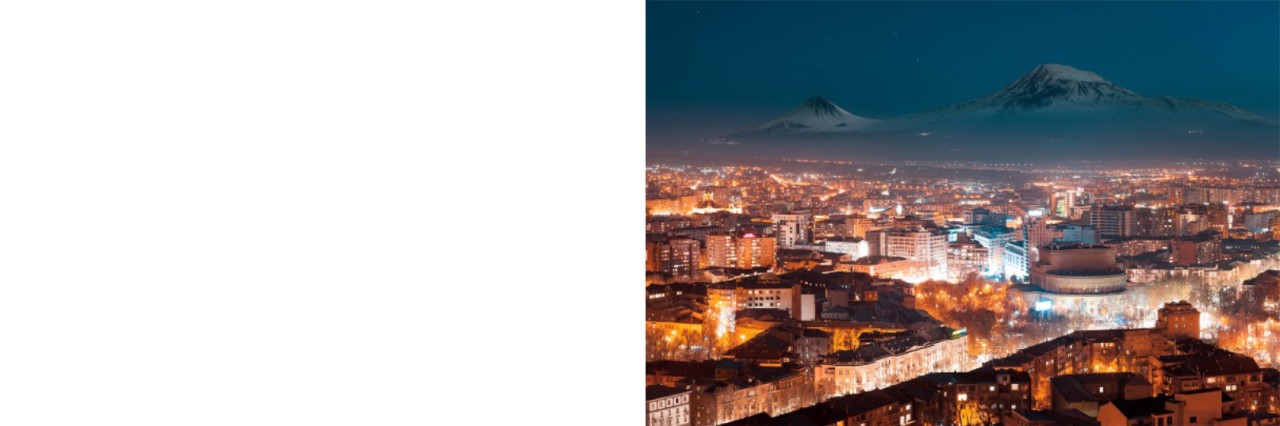 : View from above of a brightly lit city at night with snow-covered mountains in the background and a dark blue night sky.