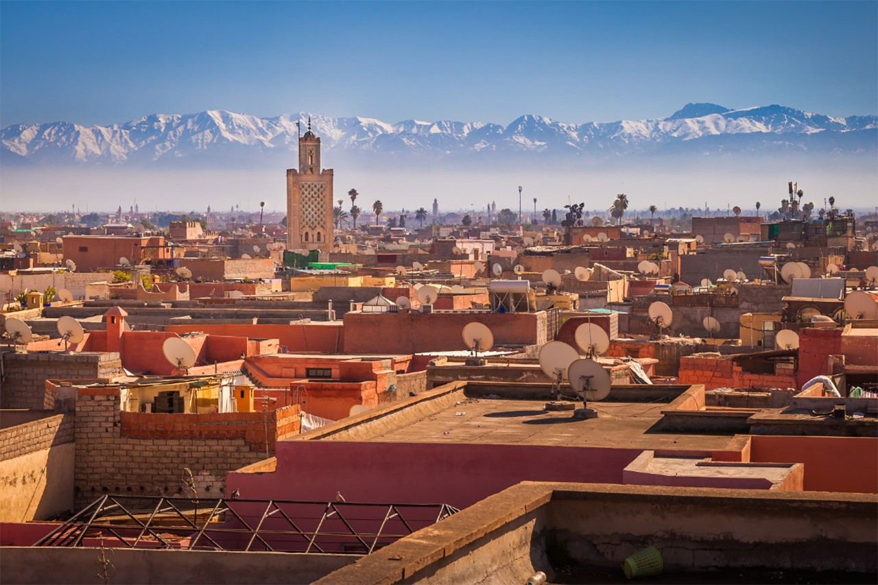 View of the old town of Marrakech. Atlas mountains in the background