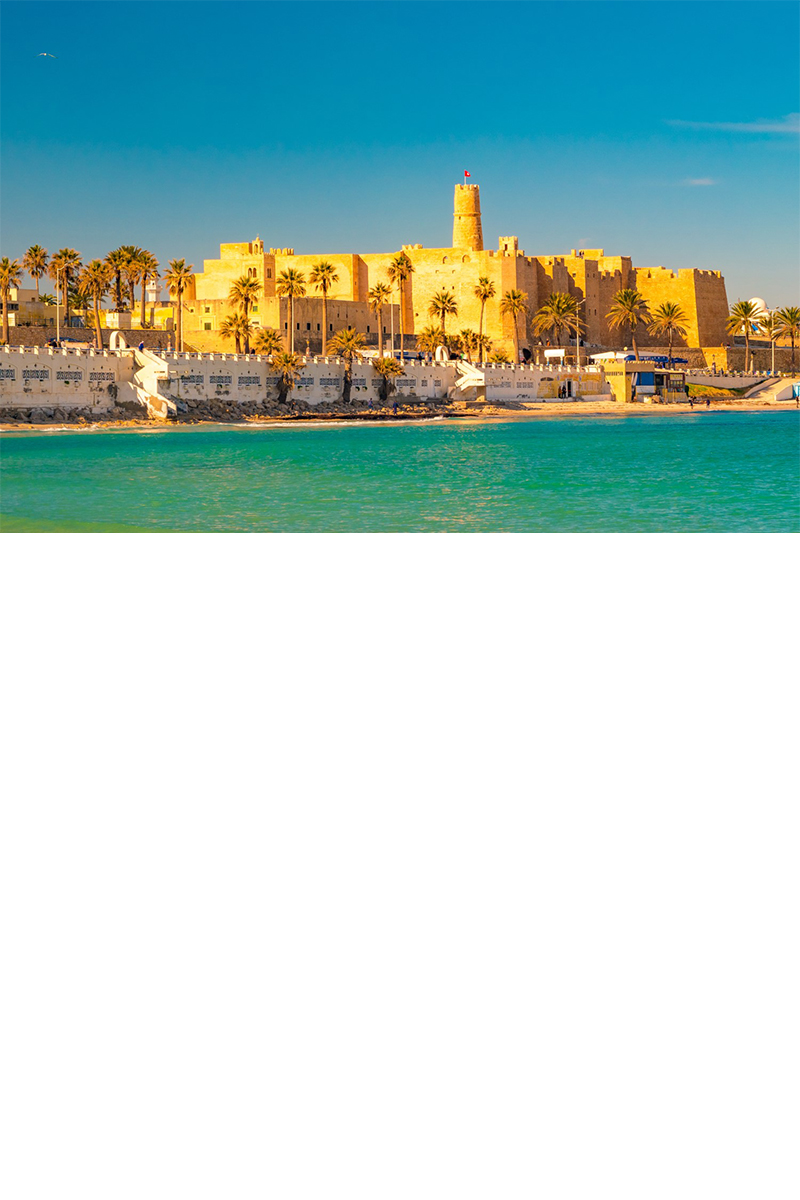 Coastal town with a historic, sun-drenched golden-yellow sandstone fortress in the centre, surrounded by palm trees and white buildings along the sandy beach. The turquoise blue Mediterranean Sea can be seen in the foreground. 