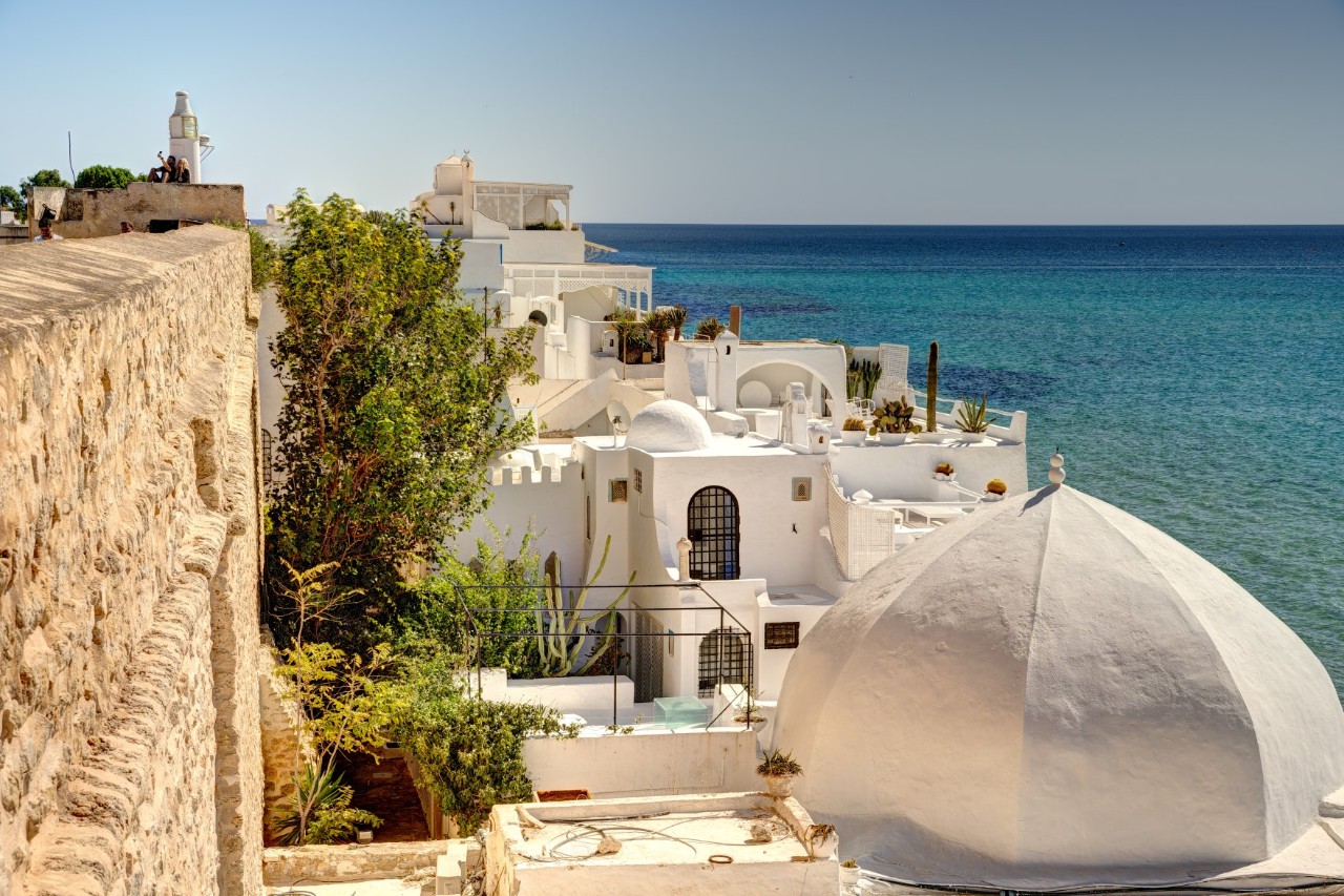 The picture shows a coastal landscape with traditional white houses and domed roofs. There is a large white dome in the foreground. On the left side of the picture, there is a sandstone wall lined with green plants.