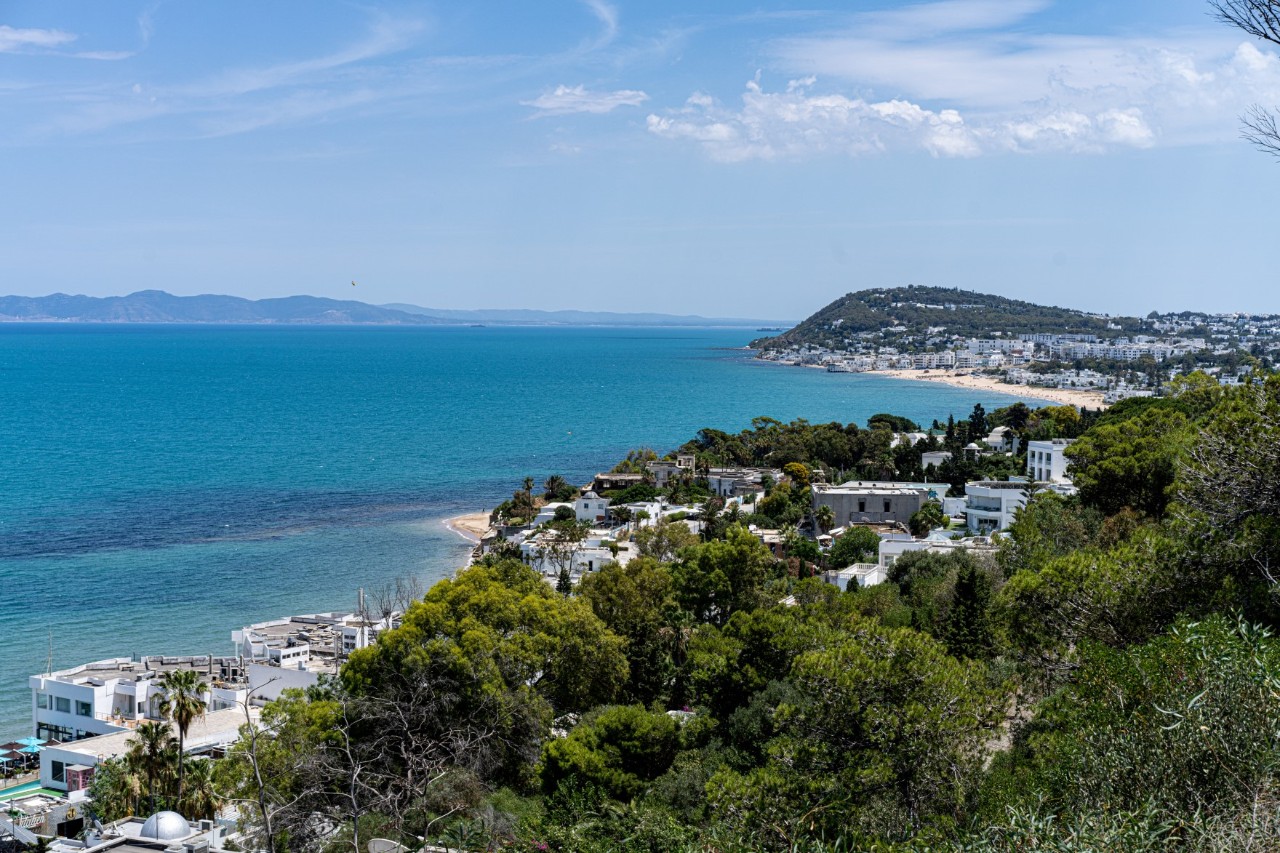 The picture shows a coastal landscape with turquoise sea, green trees, white buildings, and a city along the beach. Hills rise in the background.