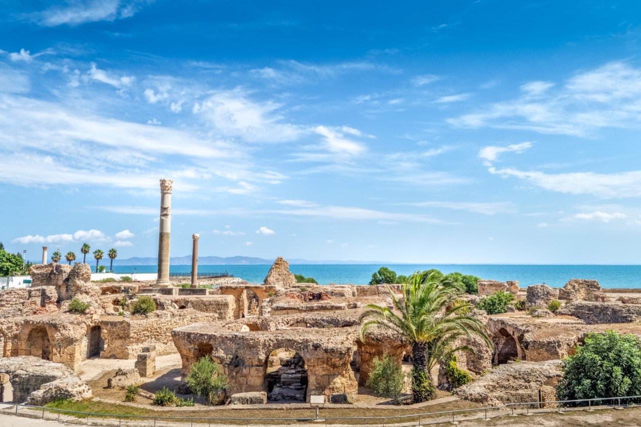 The image shows ancient ruins with stone structures and columns. The remains are surrounded by palm trees and shrubs. The blue sea is visible in the background.