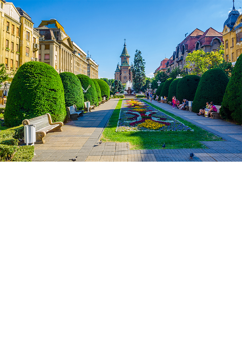 Well-maintained park with round, green hedges, people sitting on benches and a flower bed in the middle, surrounded by historic buildings. A cathedral can be seen in the background.