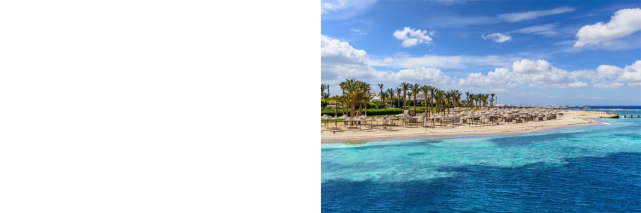 Sandy beach with clear, turquoise water, palm trees in the background and several sun umbrellas. A jetty leads into the sea. © Balate Dorin/stock.adobe.com 