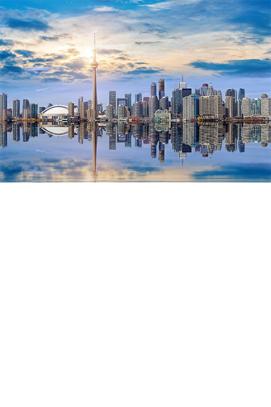 The skyline of a large city with a television tower and many skyscrapers.
