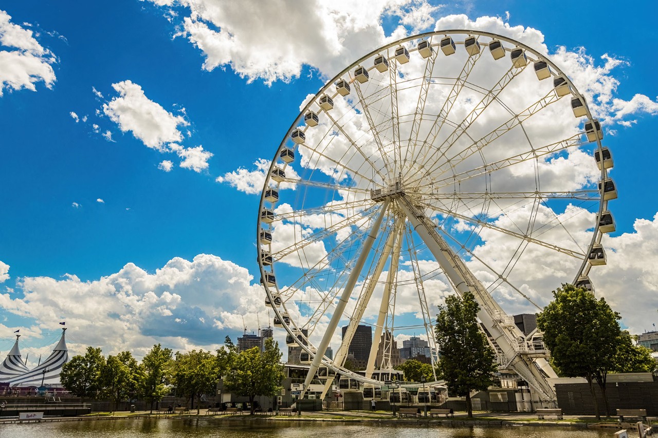 A large white Ferris wheel stands at the harbour, with many buildings behind it. Trees stand on either side of the Ferris wheel and a calm body of water lies in front of it, all bathed in clear daylight.