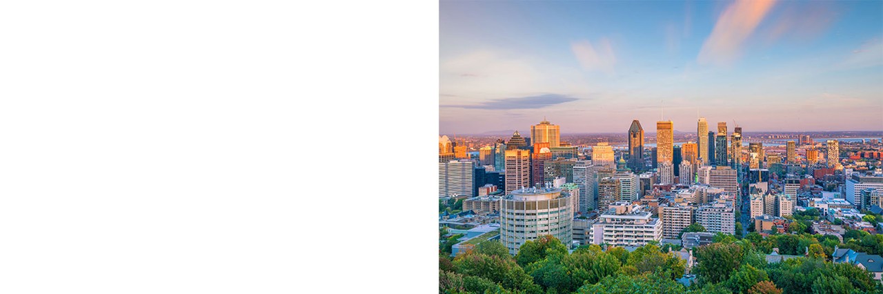 Panorama of an urban skyline at sunset, with modern high-rise buildings bathed in warm light and a green park in the foreground.
