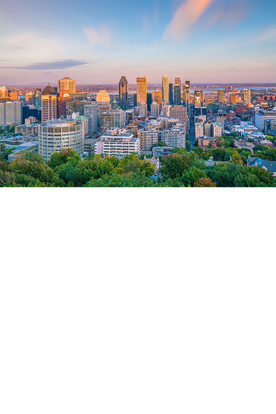 Panorama of an urban skyline at sunset, with modern high-rise buildings bathed in warm light and a green park in the foreground.