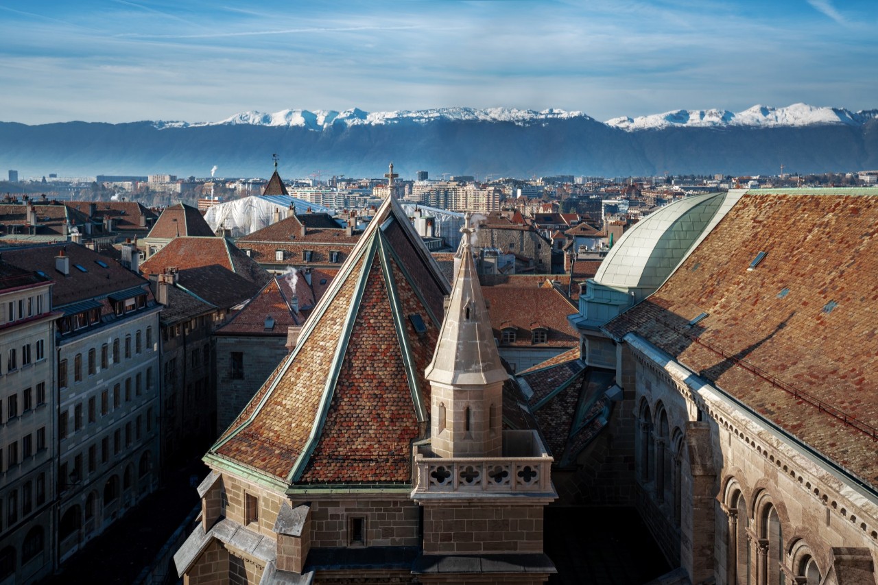 The mostly reddish-brown roofs of the city. There is a snow-covered mountain range in the background. The pointed, reddish-brown roof and the steeple of a cathedral can be seen in the centre of the picture.