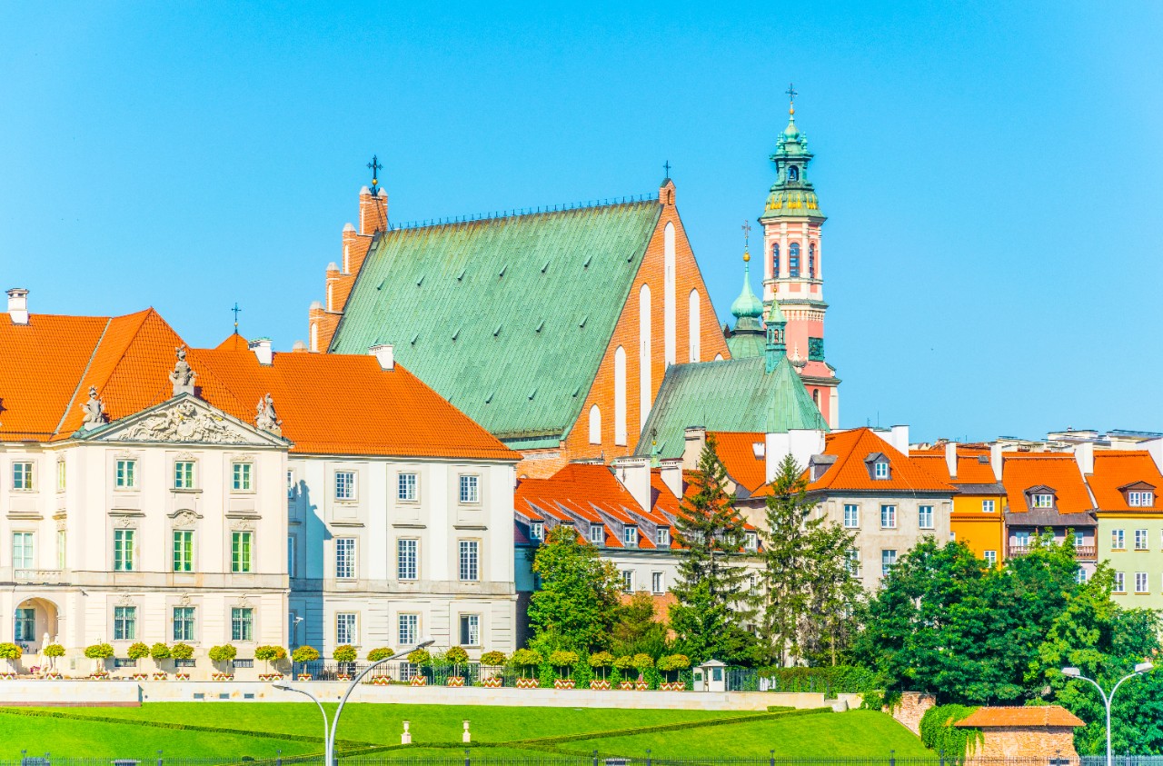 Facades of St. John's Cathedral and Jesuit Church in Warsaw's old town.