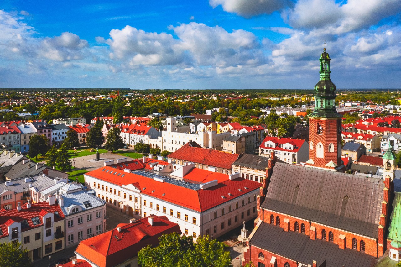 Aerial view of Radom city with historic buildings and central square.