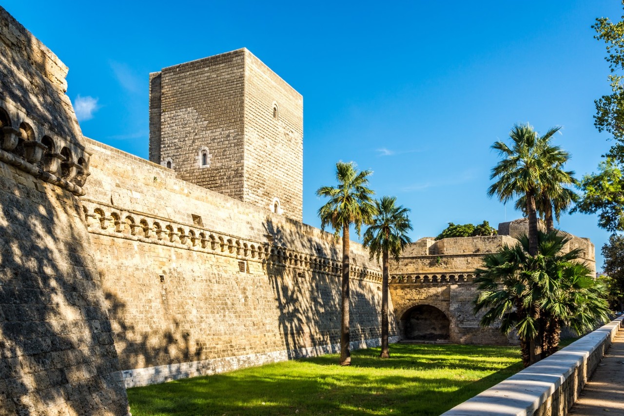 Sand-coloured historic city wall with tower. In front of it is a green meadow with scattered palm trees. 