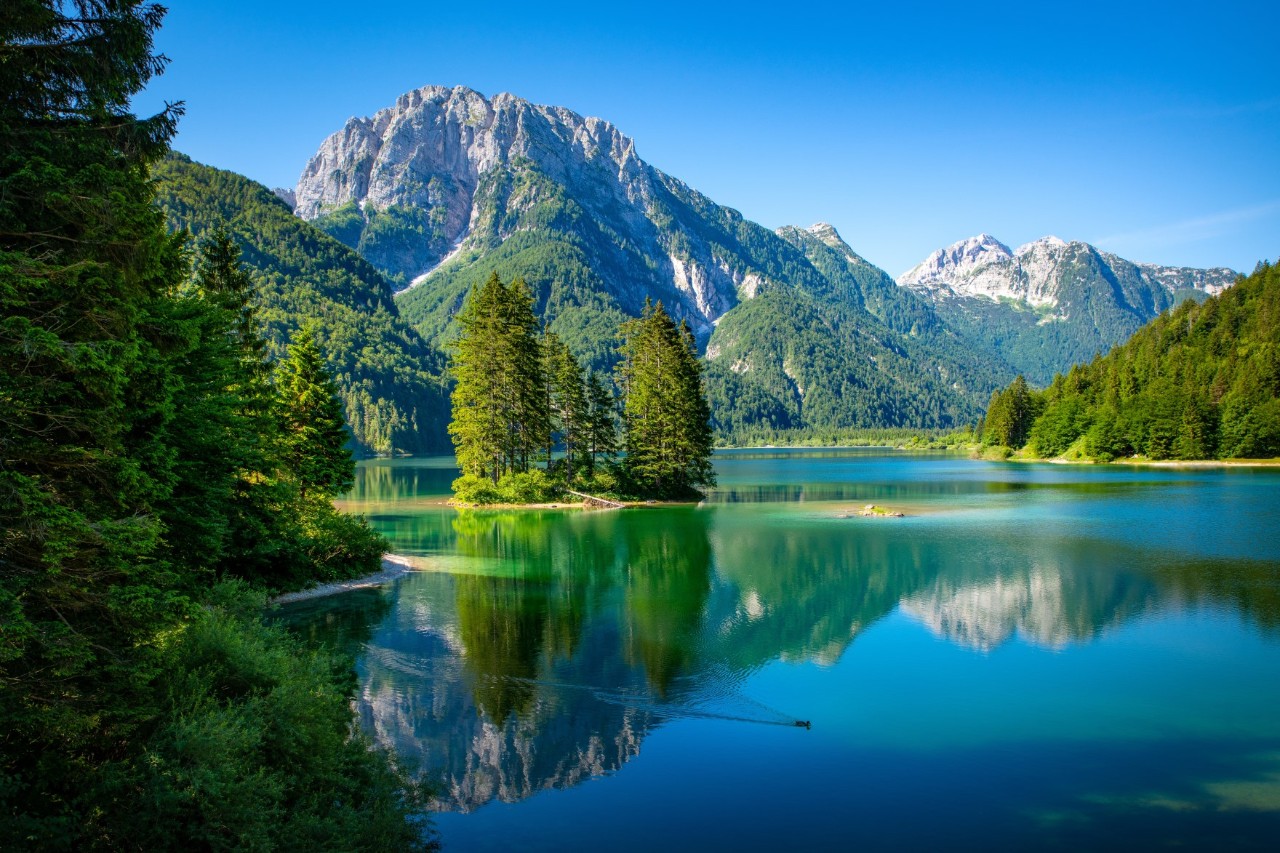 Secluded lake surrounded by trees, high mountains with snow-covered peaks in the background. Mountains and trees are reflected in the water. 