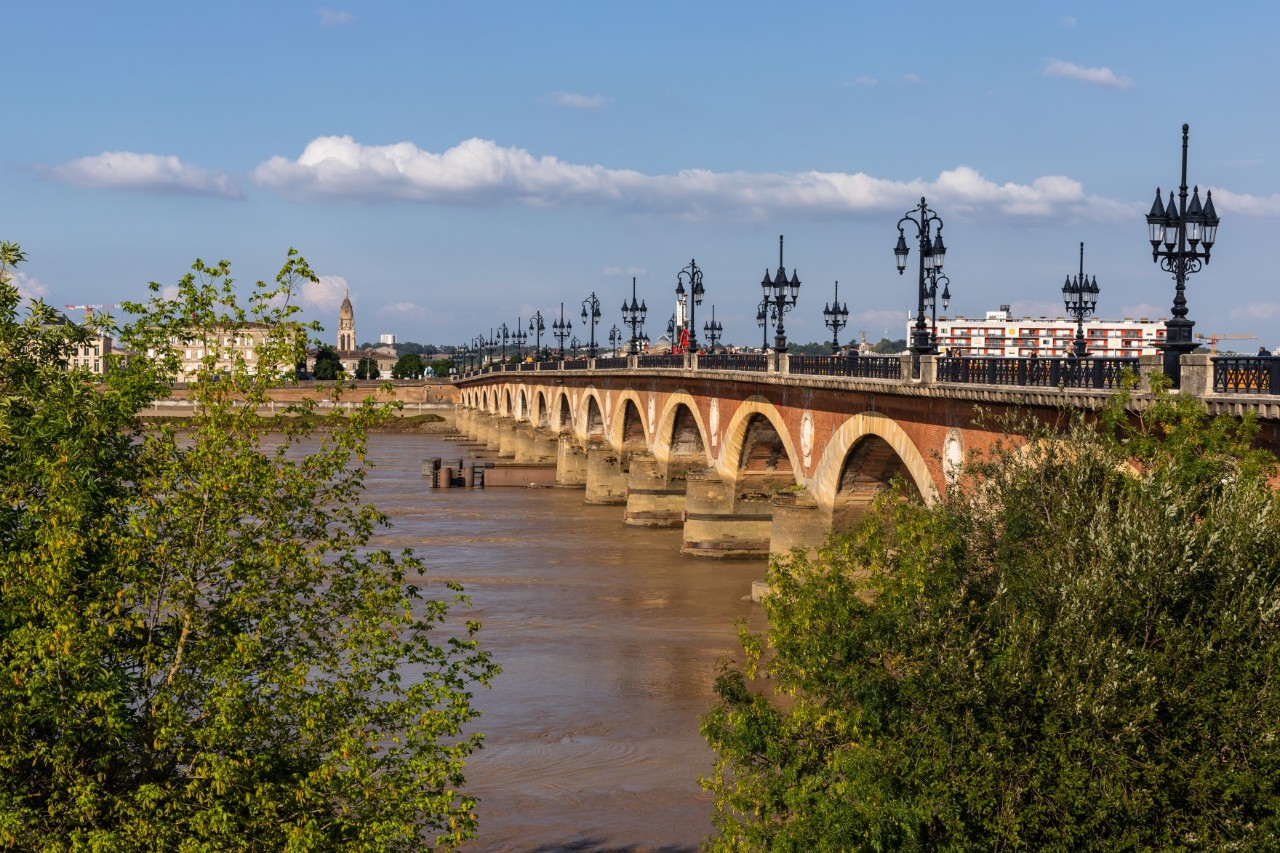 A large, stone arch bridge that crosses a wide river. There are old, black street lamps on the bridge. In the background is the opposite bank with a stone fortification as well as buildings and a church tower. There are treetops in the foreground.