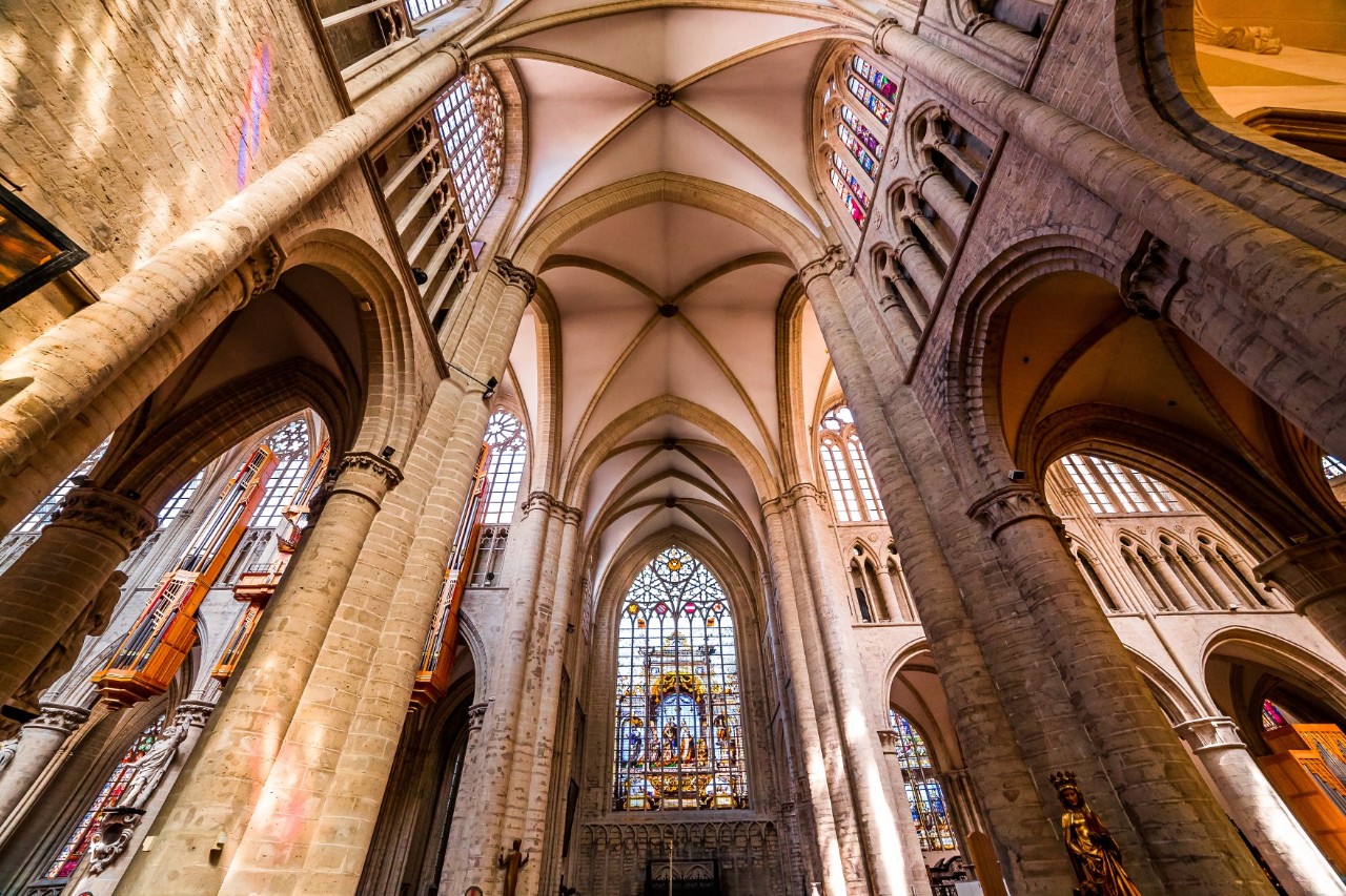Interior view of Saint Michel et Gudule Cathedral, Gothic style, stained glass windows