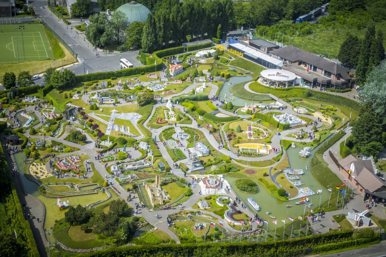 Mini Europe exhibition bird's eye view, site with tour, Europe's sights in miniature format 