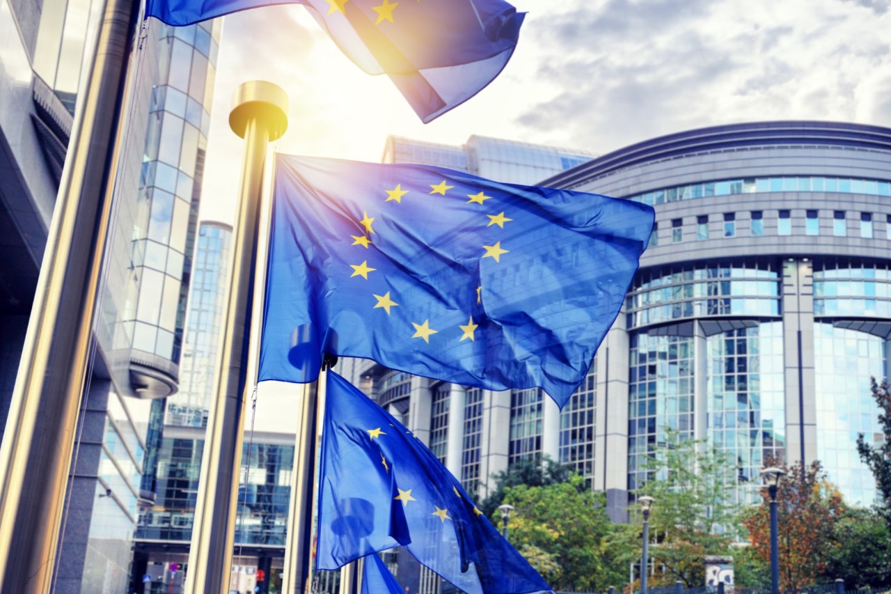 EU flags in front of the European Parliament, sunshine between the flags, glass facades 