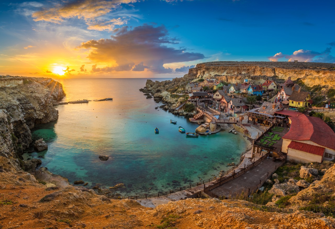 Colorful houses of Popeye Village by the sea, film set from 1979.