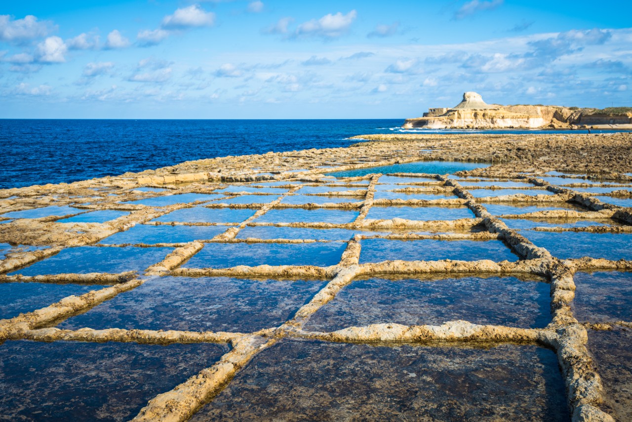 Salt pans on Gozo’s north coast used for traditional salt production.