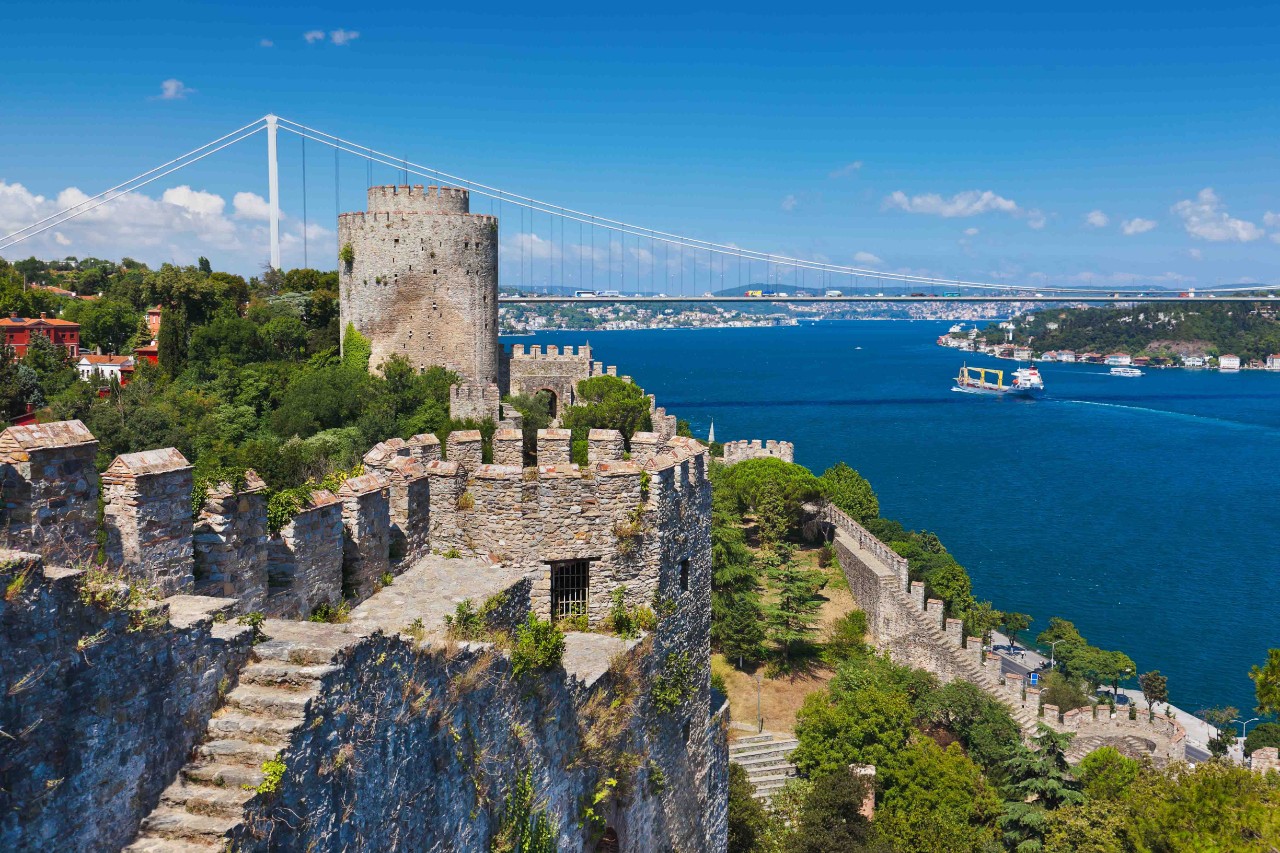 Rumeli Hisarı fortress on the Bosphorus with thick stone walls.