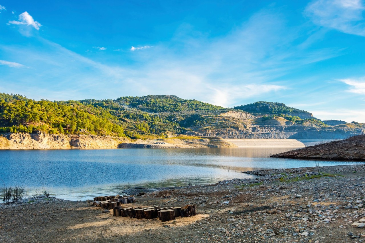 A calm river surrounded by green mountains under a blue sky. Flat tree trunks lie on the stony bank.