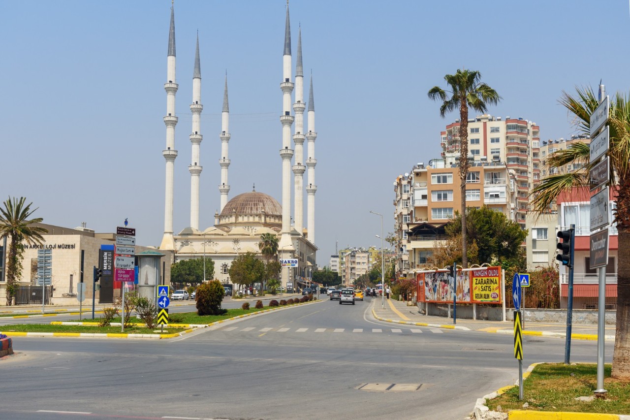 Wide street with cars and palm trees, in the background is a large mosque with six slender minarets and a dome, surrounded by multi-story residential buildings.