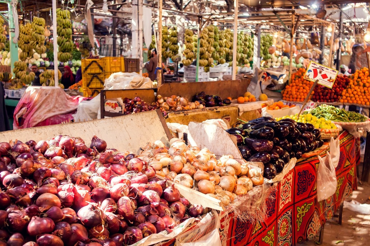 Market stalls with fruit and vegetables at the El Dahar market 